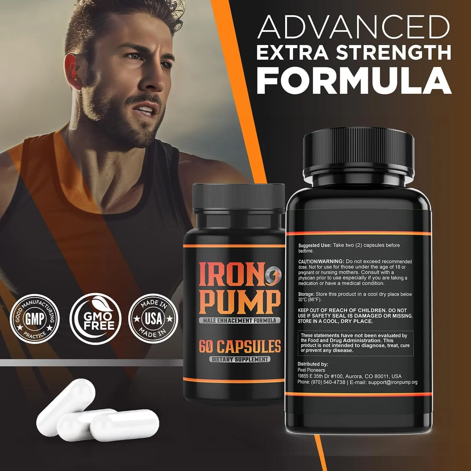 Iron Pump advanced extra-strength formula shown with GMP, GMO-free and Made-in-USA seals