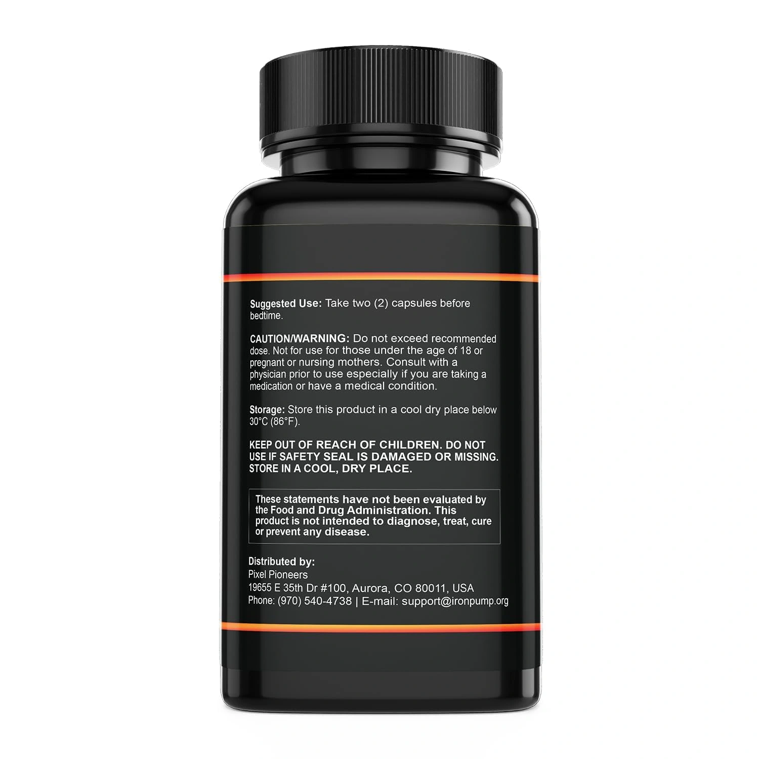Iron Pump back label showing suggested use: take two capsules before bedtime