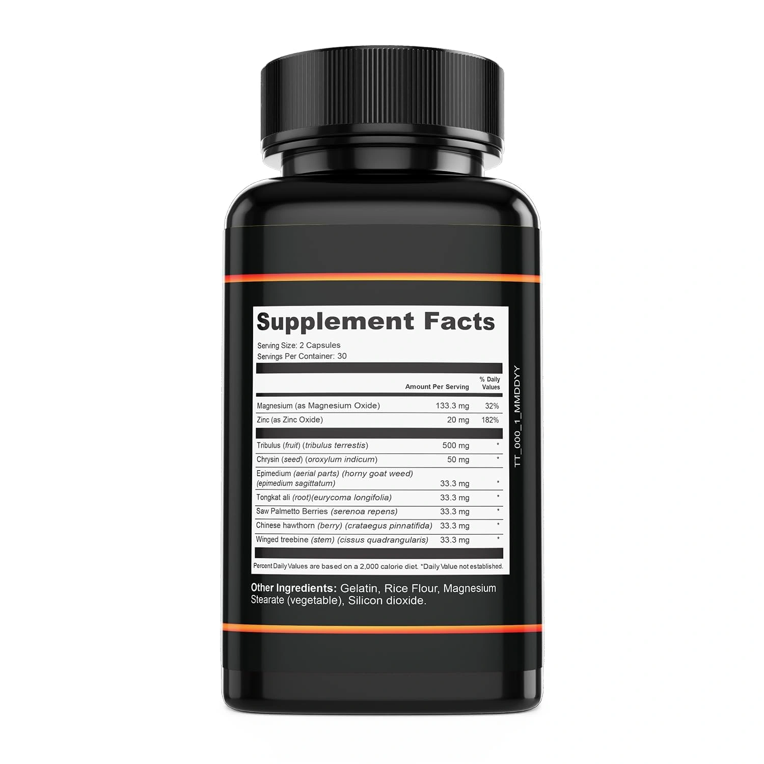 Iron Pump Supplement Facts label showing zinc, magnesium, Tribulus and the botanical blend